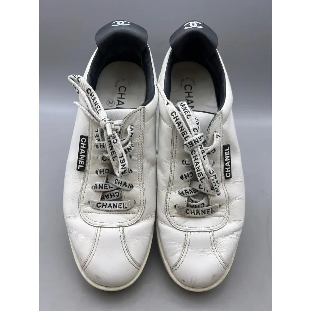 CHANEL CC Logo G34085 White Leather Low Top Lace-Up Sneaker Shoes Size EUR 38
